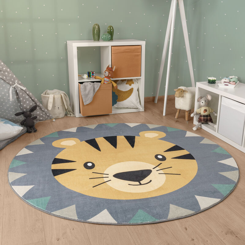 foto del prodotto paco home tappeto rotondo bambini testa di leone testa di orso lavabile in lavatrice 120 cm tondo, multicolore