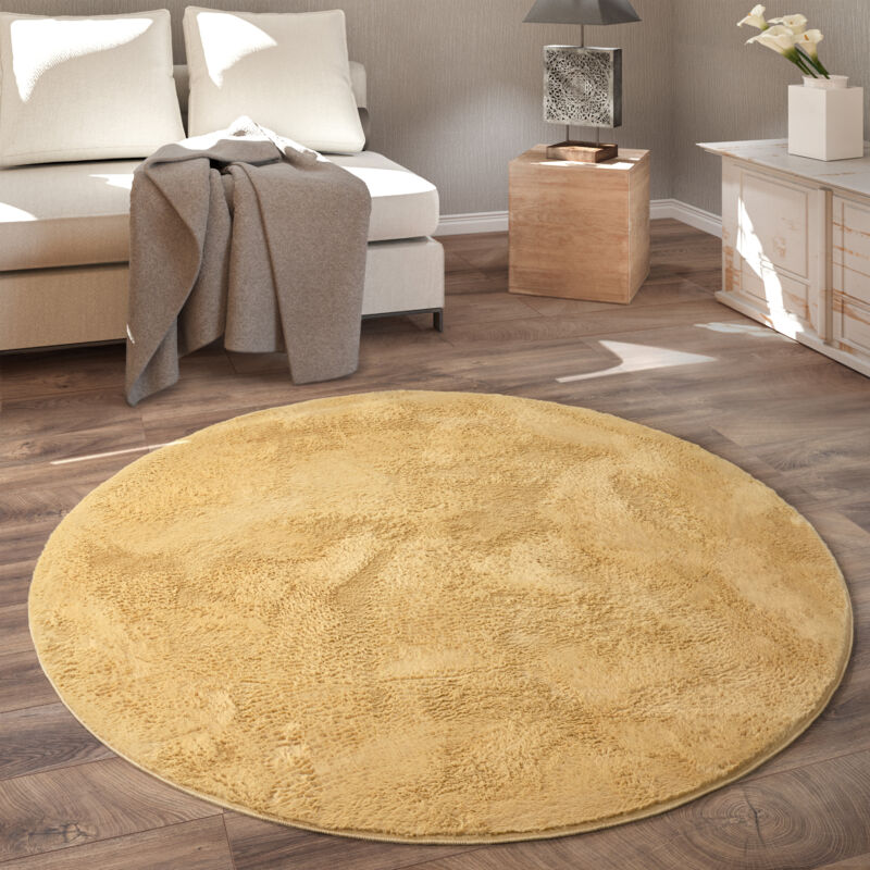 foto del prodotto paco home tappeto rotondo soggiorno, morbido moderno finta pelliccia soffice pelo lungo giallo, 100 cm tondo