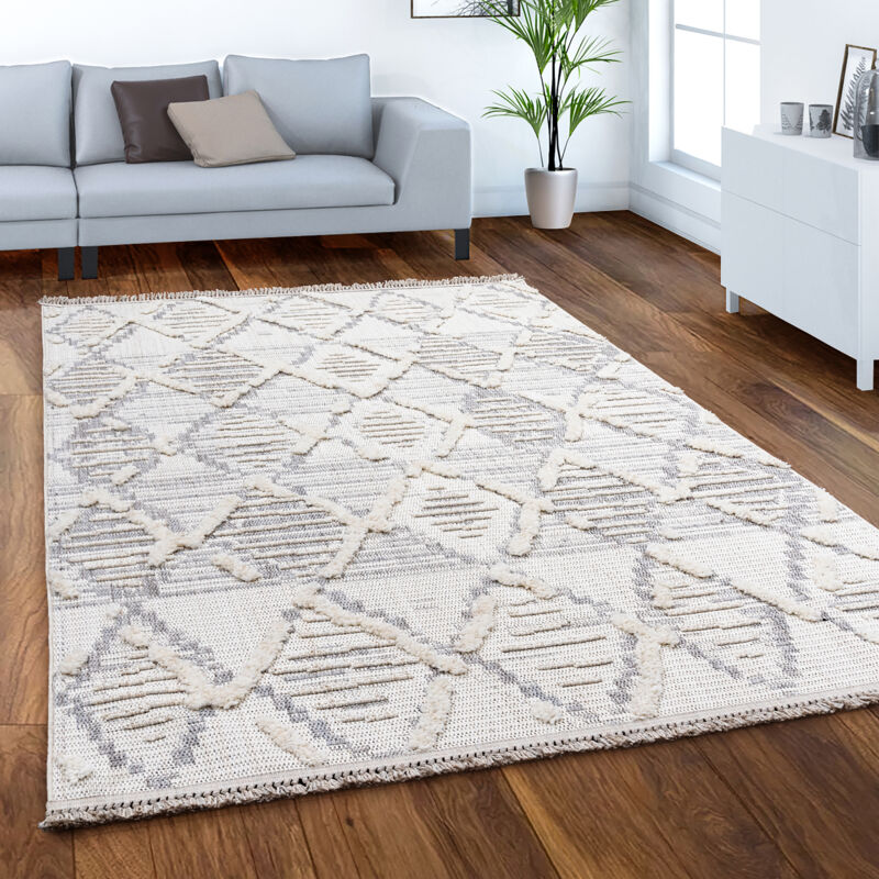 foto del prodotto paco home tappeto salotto moderno pelo corto motivo scandinavo rombi design 3d con frange crema grigio 240x340 cm