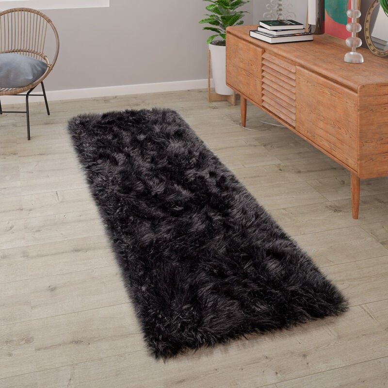 foto del prodotto paco home tappeto salotto pelliccia finta imitazione pelo lungo cuscino cuore rotondo nero, 50x150 cm