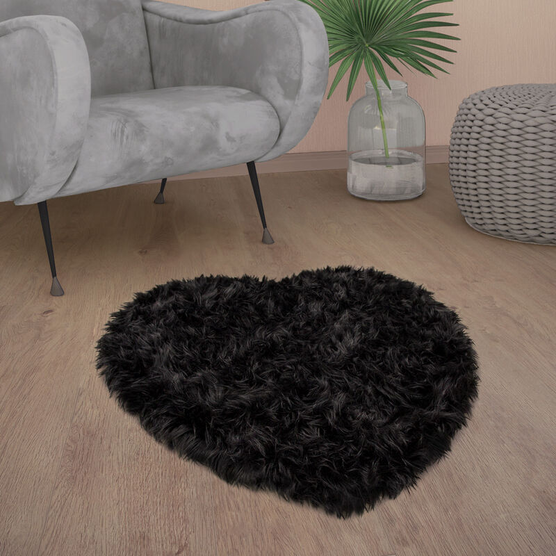foto del prodotto paco home tappeto salotto pelliccia finta imitazione pelo lungo cuscino cuore rotondo nero, 80x75 cm forma di cuore