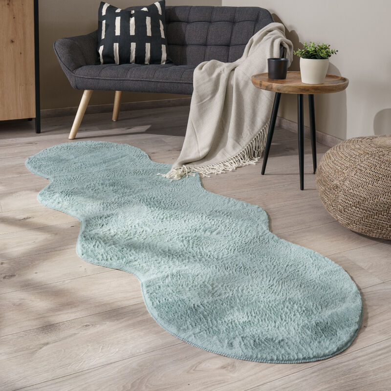 foto del prodotto paco home tappeto salotto pelo corto monocolore in forma finta pelliccia moderna morbida turchese, 70x200 cm forma di pelliccia