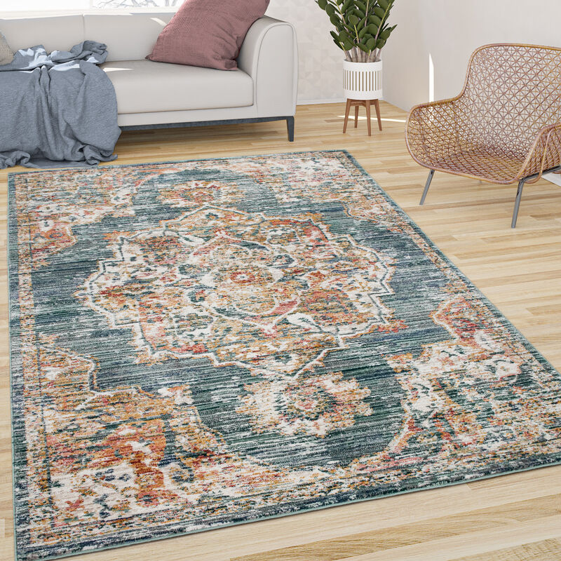 foto del prodotto paco home tappeto salotto pelo corto vintage motivo pastello orientale bordura verde beige 120x170 cm