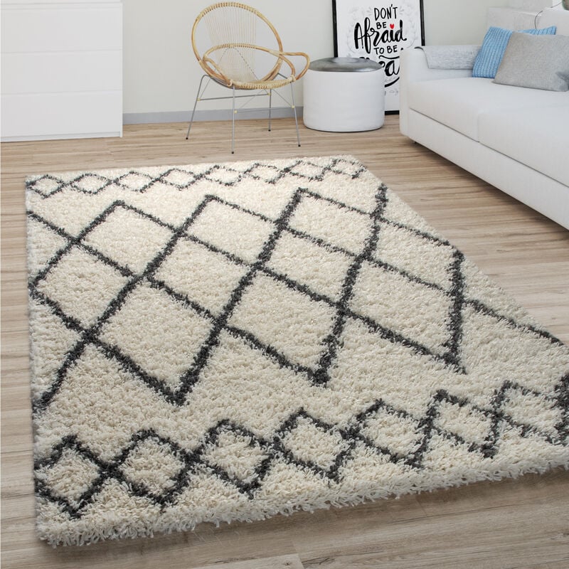 foto del prodotto paco home tappeto salotto pelo lungo shaggy moderno boho scandinavo motivo diamante 60x100 cm, crema 3