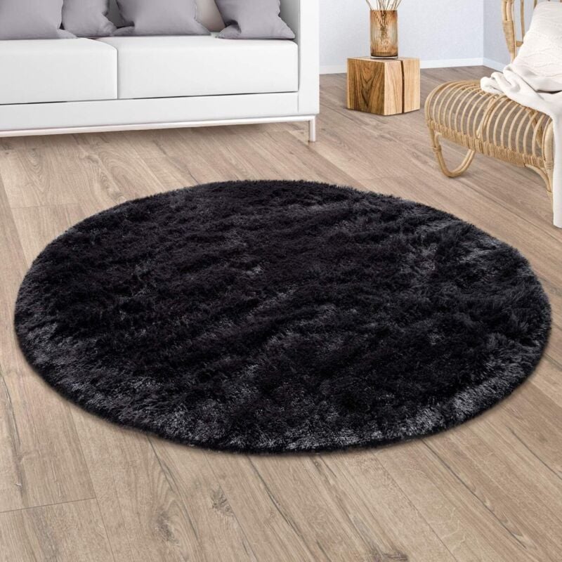 foto del prodotto paco home tappeto salotto pelo lungo shaggy pelliccia finta morbido nero 80 cm tondo