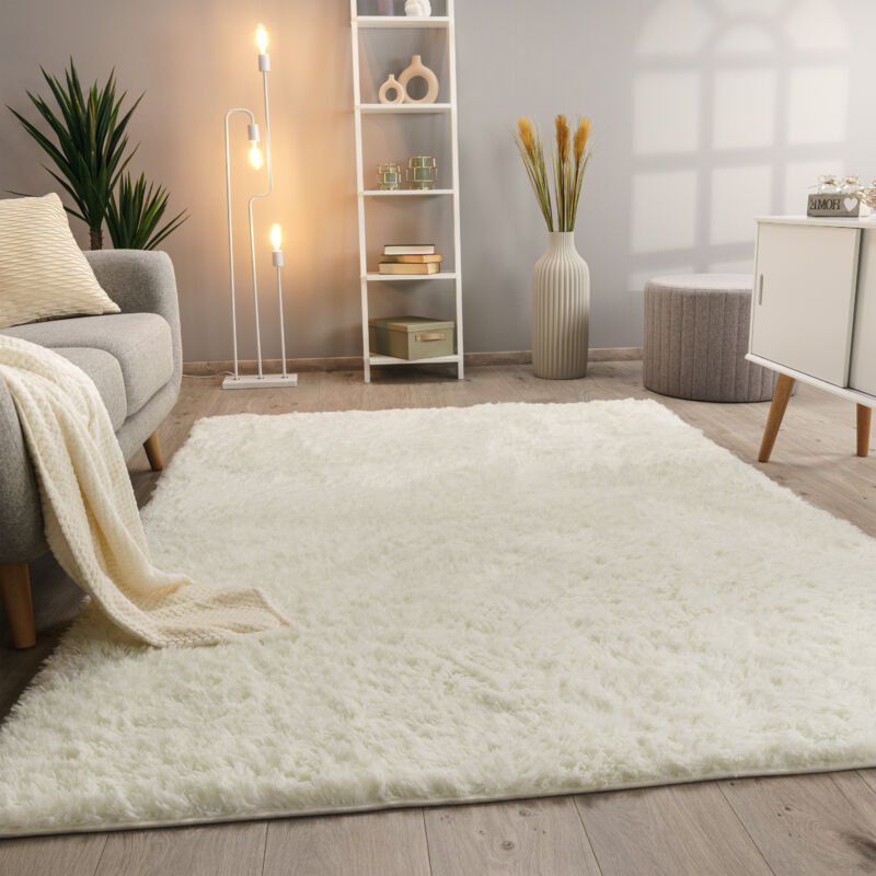 foto del prodotto paco home tappeto salotto pelo lungo soggiorno pelliccia finta shaggy morbido monocolore bianco, 120 cm tondo