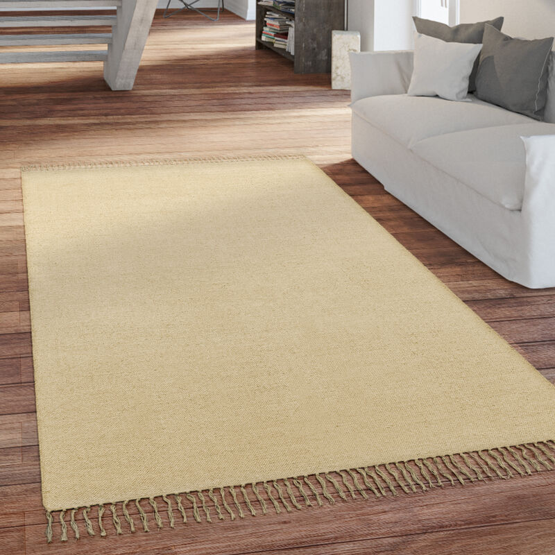 foto del prodotto paco home tappeto salotto trama piatta con frange tessuto a mano monocolore 80x150 cm, crema