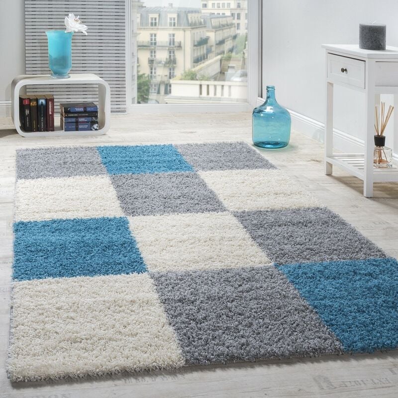 foto del prodotto paco home tappeto shaggy a pelo alto a pelo lungo decorato a quadri grigio nero bianco 160x220 cm, turchese