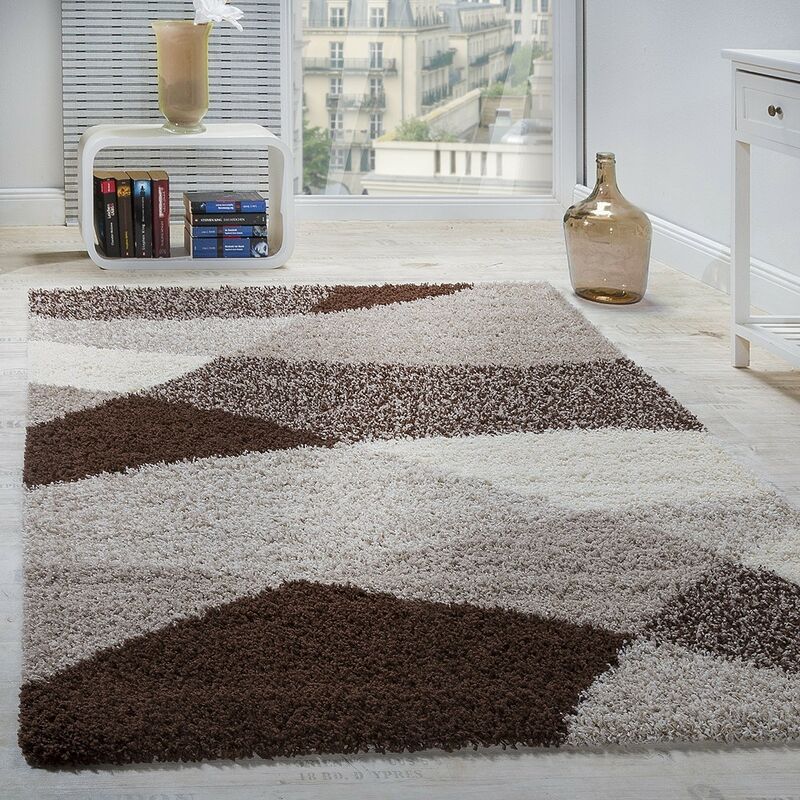 foto del prodotto paco home tappeto shaggy a pelo alto a pelo lungo decorato nei colori grigio nero bianco 70x250 cm, marrone