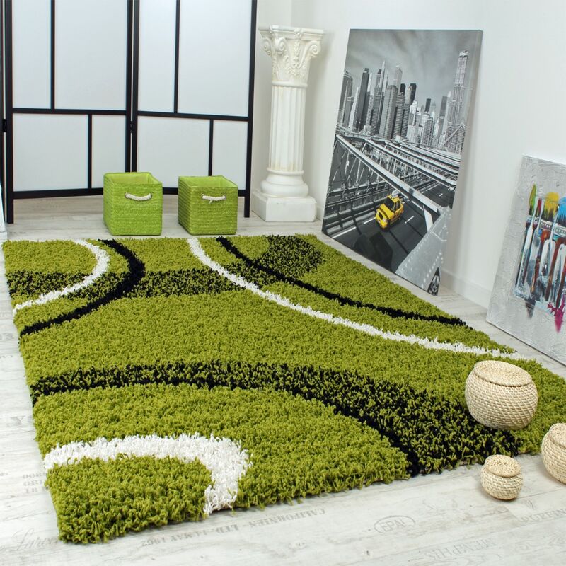 foto del prodotto paco home tappeto shaggy a pelo alto a pelo lungo decorato nei colori verde nero bianco 70x250 cm