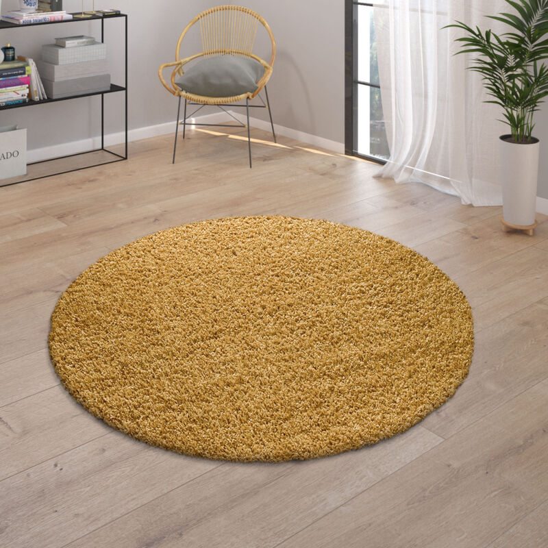foto del prodotto paco home tappeto shaggy a pelo alto in giallo per il soggiorno resistente, morbido e robusto 120 cm tondo