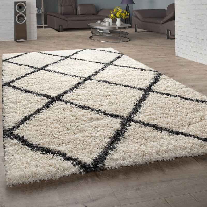 foto del prodotto paco home tappeto shaggy a pelo lungo per soggiorno, con design scandinavo e motivo di rombi in beige 150 cm quadrato