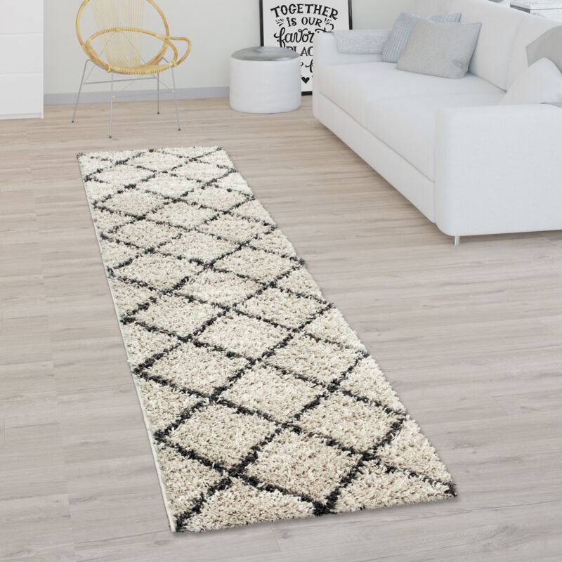 foto del prodotto paco home tappeto shaggy a pelo lungo per soggiorno, con design scandinavo e motivo di rombi in beige 60x100 cm