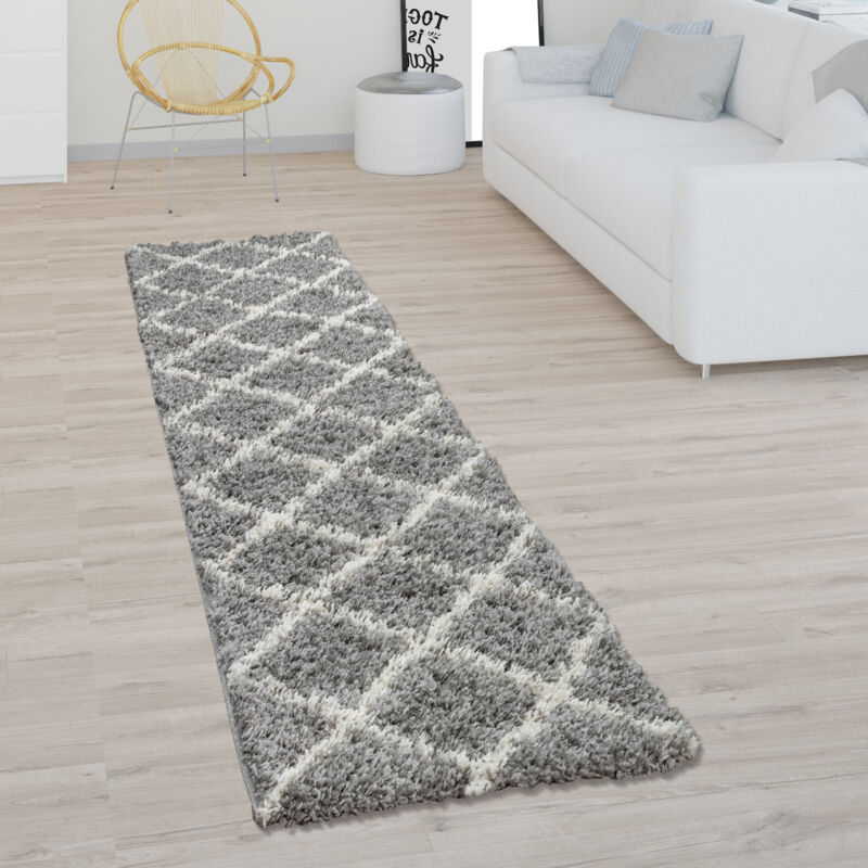 foto del prodotto paco home tappeto shaggy a pelo lungo per soggiorno, con design scandinavo e motivo di rombi in grigio 60x100 cm