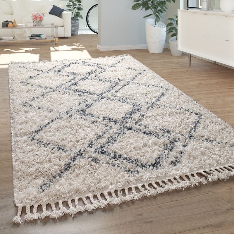foto del prodotto paco home tappeto shaggy a pelo lungo per soggiorno, moderno, con motivo di rombi e di quadri, in crema e blu 120x170 cm