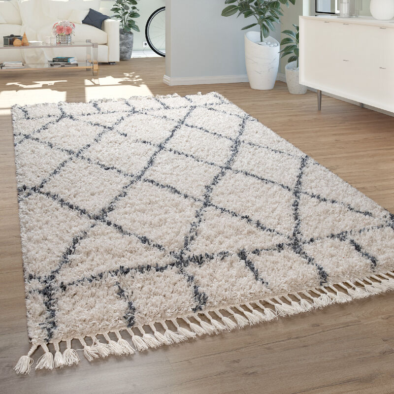 foto del prodotto paco home tappeto shaggy a pelo lungo per soggiorno, moderno, con motivo di rombi e quadri, in crema e blu 80x150 cm