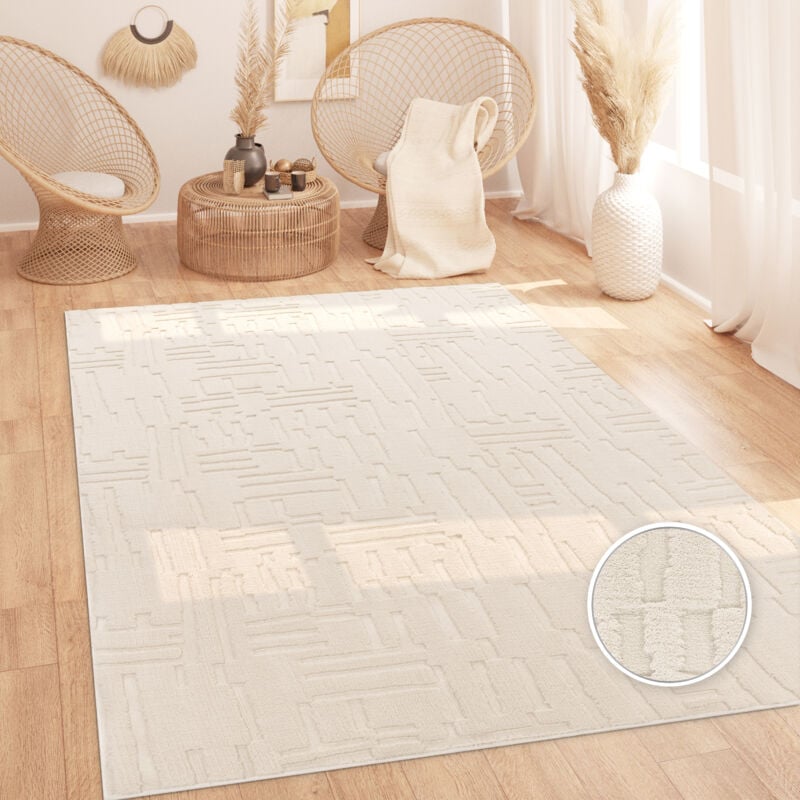 foto del prodotto paco home tappeto soggiorno pelo alto scandinavo boho geometrico tinta unita lavabile crema 80x150 cm