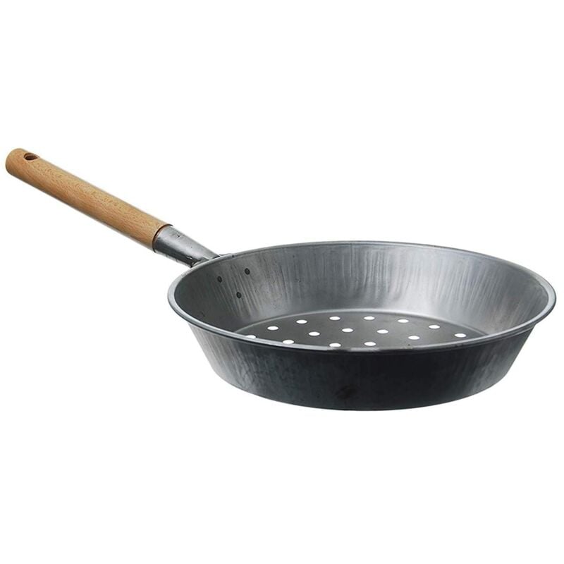 foto del prodotto padella cuoci castagne in acciaio con manico in legno per cottura a gas o sulla brace 30 cm