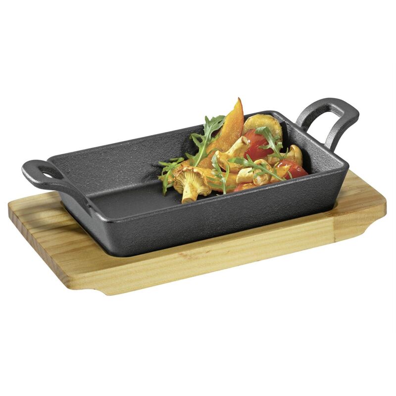 foto del prodotto padella di servizio k chenprofi quadrata con 2 manici e asse di legno bbq 21,5x12,5x6cm