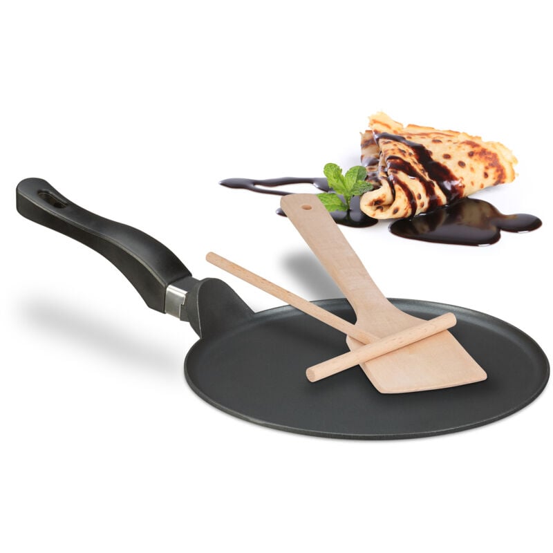 foto del prodotto padella per crepes, con crepiera per pastella e spatola in legno, per induzione, in alluminio, 25 cm, nero relaxdays