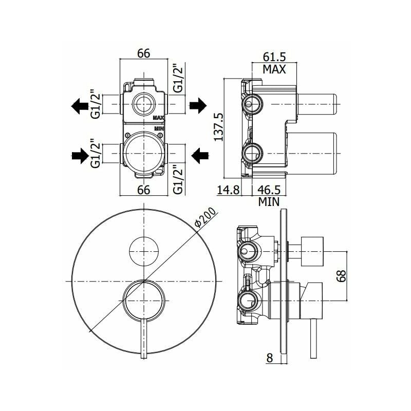 foto del prodotto paffoni miscelatore doccia ad incasso con due uscite 200 mm serie light lig018no ottone nero opaco