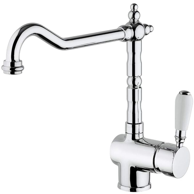 foto del prodotto paini rubinetto miscelatore monocomando cucina, lavello, cromato, leva laterale con bocca alta orientabile, canna antica, design barocco,