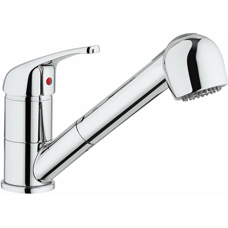 foto del prodotto paini rubinetto miscelatore monocomando cucina, lavello, cromato, leva superiore bocca bassa con doccetta estraibile 2 getti e cumulatore