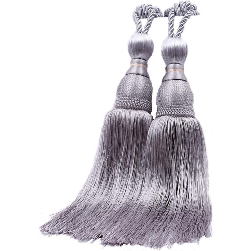 foto del prodotto paio di fermatende con nappe per tende, decorazioni per finestre, palline con nappe, fermatende in corda argento 