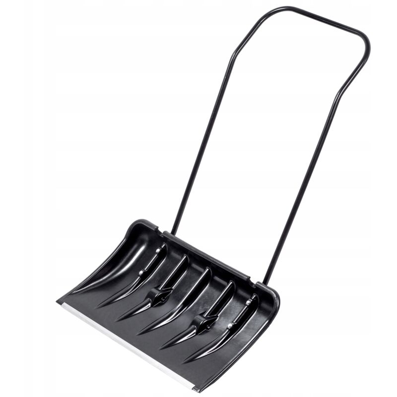 foto del prodotto pala da neve in plastica con hardware in alluminio, strumento di rimozione della neve robusto ed efficiente con ruote e manico in metallo nero