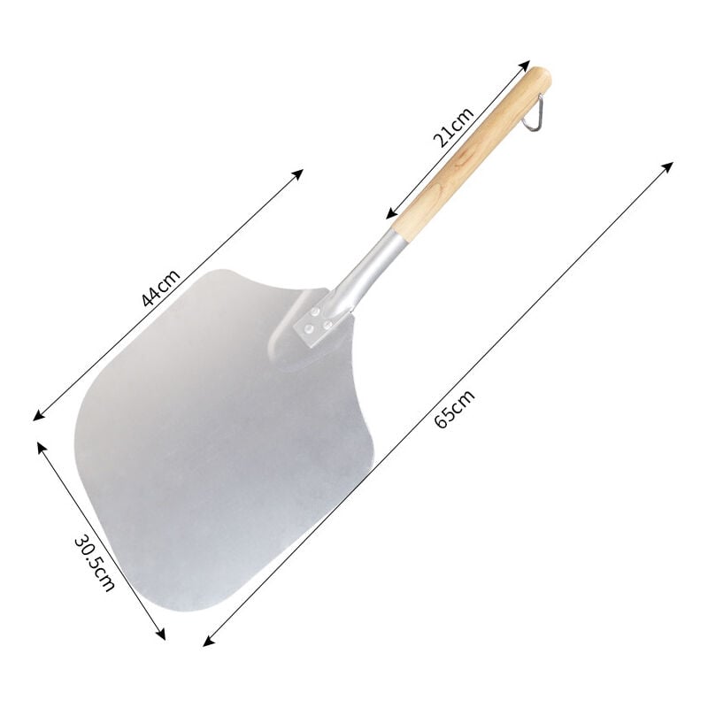 foto del prodotto pala per pizza in alluminio con ampia superficie e manico in legno pratica, facile da riporre e ideale per grill e forni dimensioni 65 x 30,5 cm
