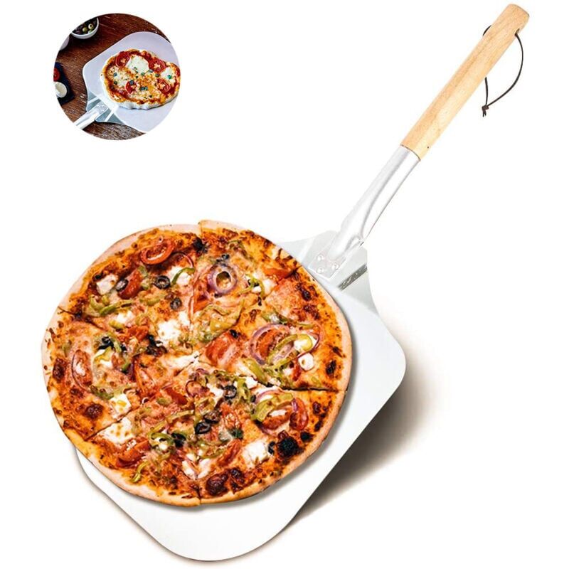 foto del prodotto pala per pizza in alluminio, manico in legno, spatola da forno professionale, pratico manico in legno, facile da riporre, comoda da usare, adatta per