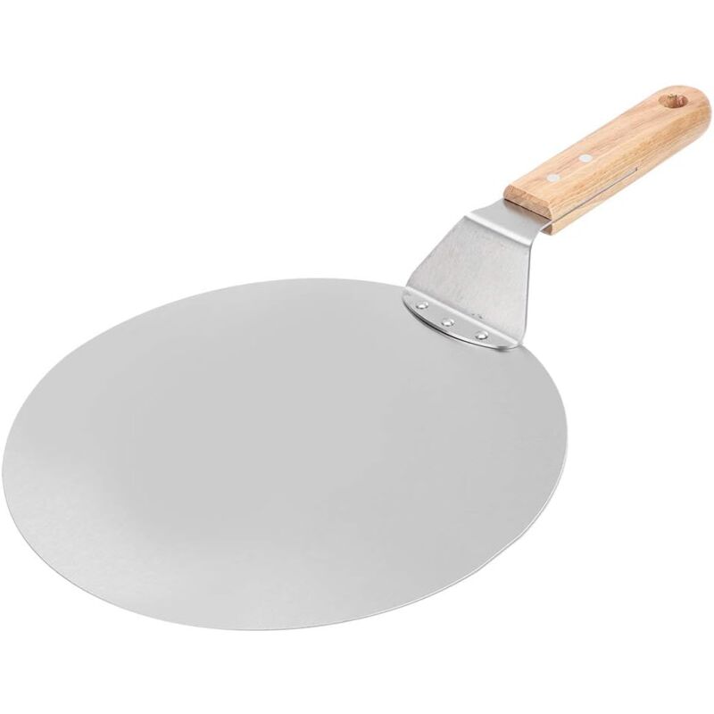 foto del prodotto pala per pizza, pala per pizza rotonda in metallo da 10 pollici, pala per pizza in acciaio inossidabile, spatola per pizza con manico in legno per