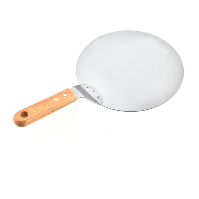 foto del prodotto pala per pizza, pala rotonda per pizza con manico in legno e vassoio in acciaio inox per pizze fatte in casa bebusingoto