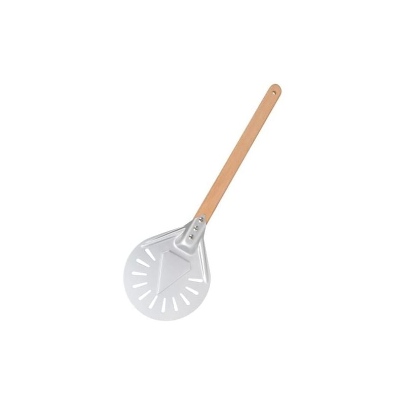 foto del prodotto pala per pizza rotonda aiperq da 7 pollici, pala per pizza perforata con manico lungo in legno rimovibile, realizzata in alluminio e impugnatura