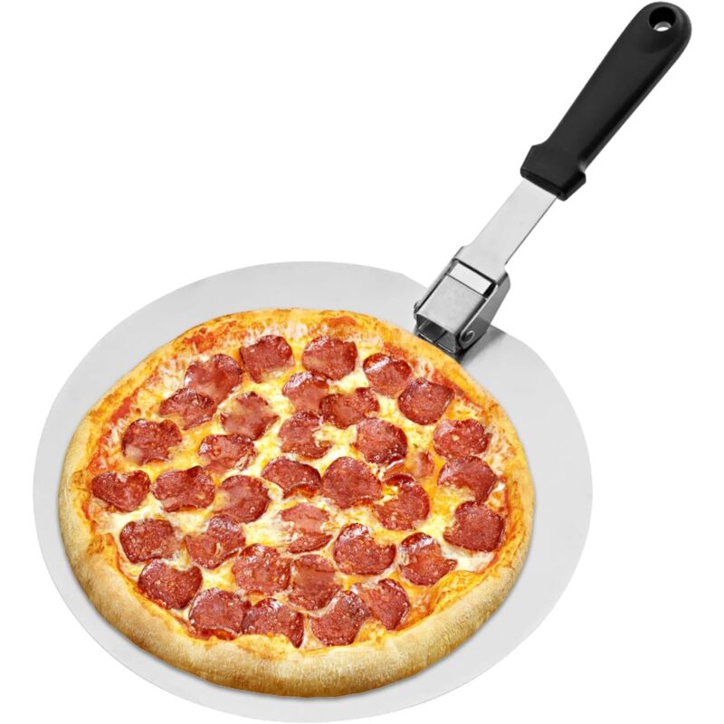 foto del prodotto pala per pizza rotonda in acciaio inox, pala per pizza professionale, con manico antiscivolo e anti caldo, ideale per torte, pizze, crostate, 12