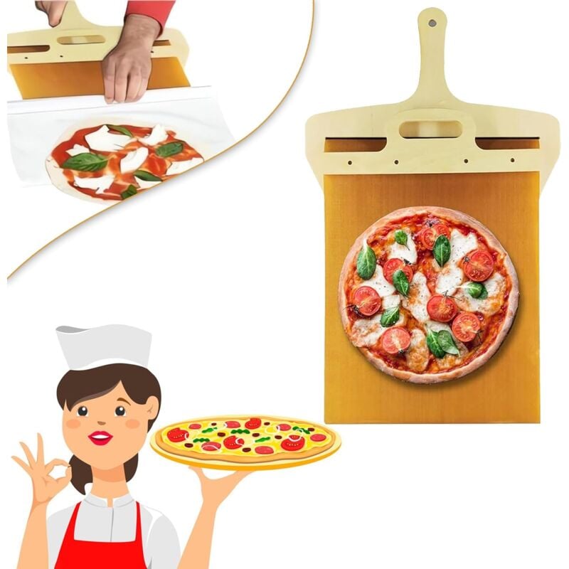 foto del prodotto pala per pizza scorrevole, pala per pizza, trasferimento della pala per pizza, snack per pizza, pala per pizza con manico rimovibile, spatola per