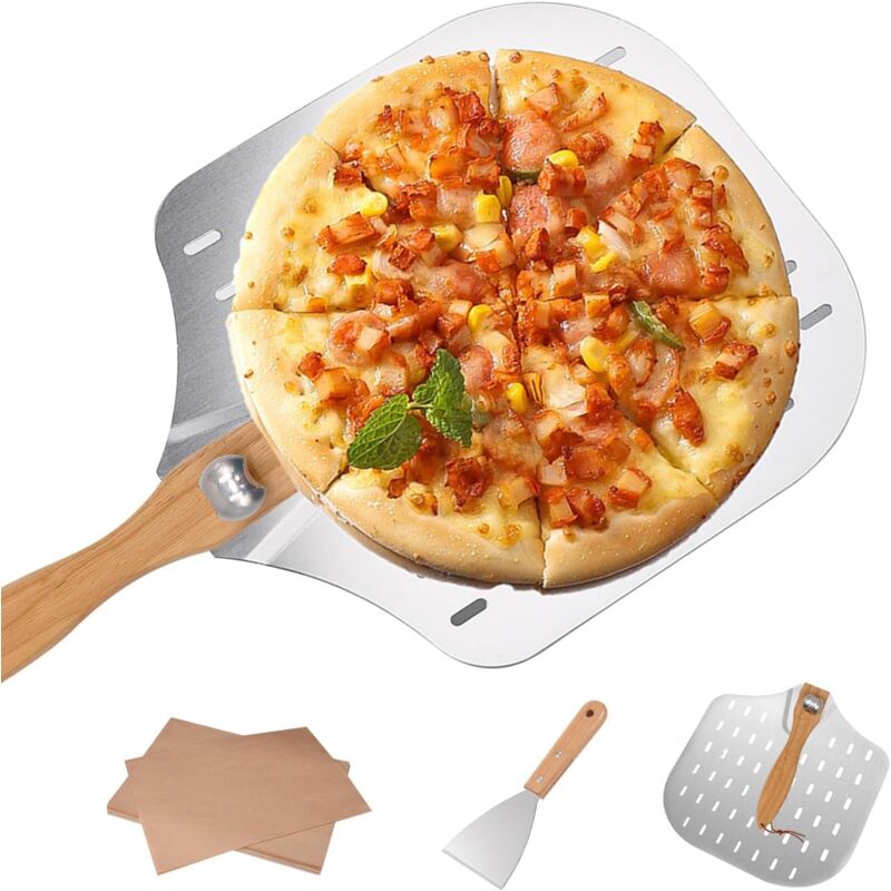 foto del prodotto pala per pizza, teglia forata per pizza, 35,5 x 30,5 cm, con manico pieghevole, 20 fogli di carta da forno, accessori essenziali per pizzaioli