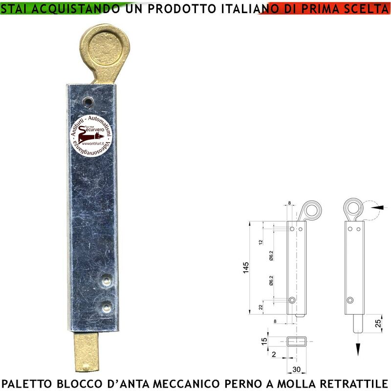 foto del prodotto paletto blocco anta meccanico per cancello a battente profilato acciaio zincato perno retrattile in ottone funzione gestita da molla che assicura il