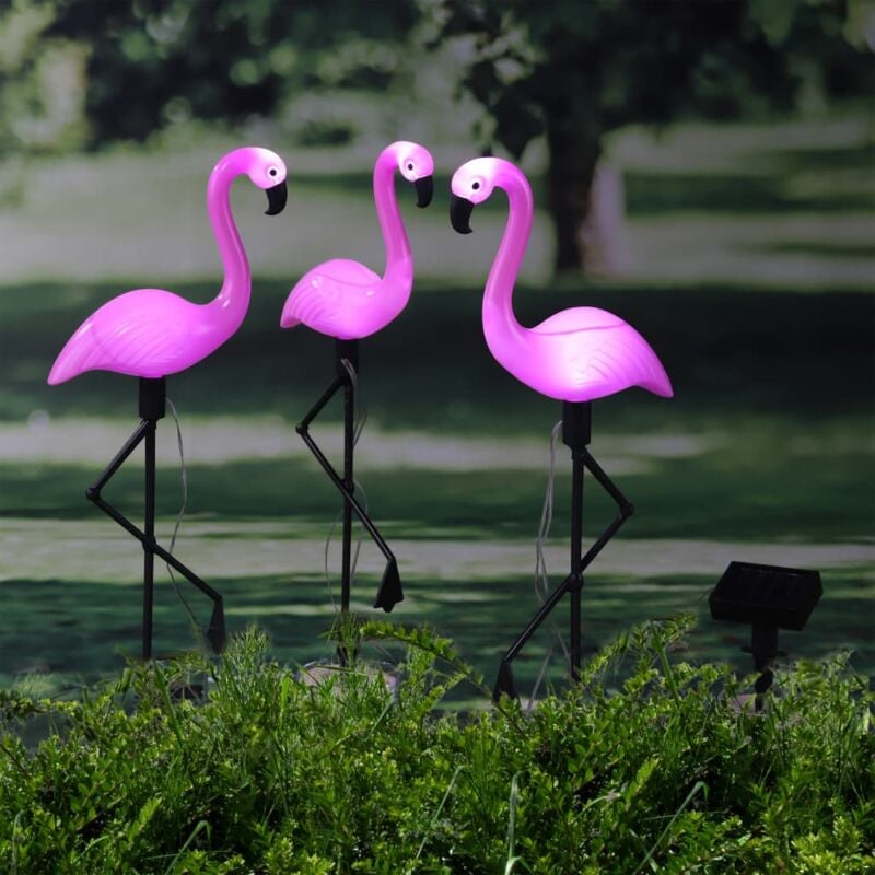 foto del prodotto paletto da giardino fenicottero 3 pz con luci led solari hi