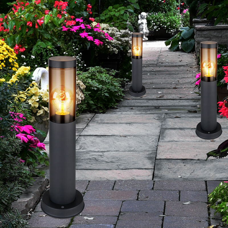 foto del prodotto paletto luminoso a paletto luminoso da esterno lampada da giardino lampade da giardino antracite, lampada da terra balcone, acciaio inossidabile color fumo, 1x attacco e27, pxh 7,6x45cm, set di 3