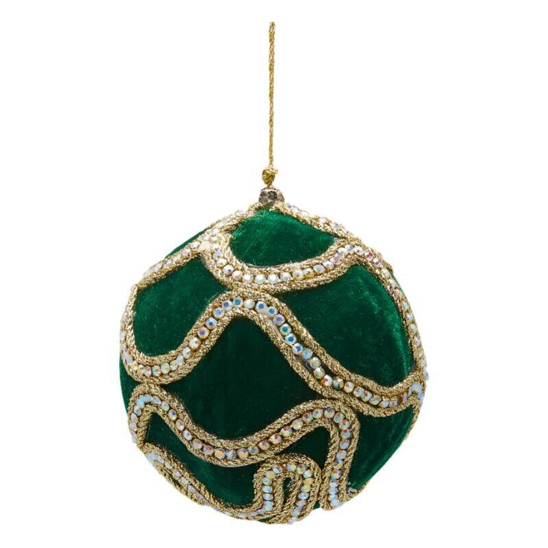 foto del prodotto pallina in velluto colore verde con decori oro per albero di natale decorazioni natalizie 10 cm