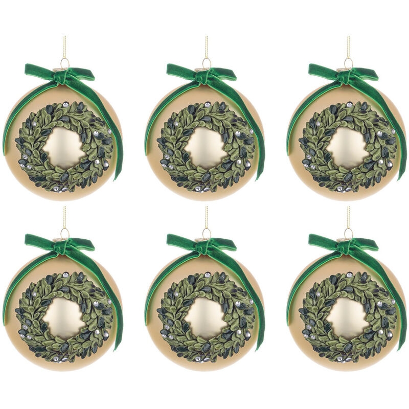 foto del prodotto palline natale in vetro elegante con fiocco in raso verde corona diametro 80 mm
