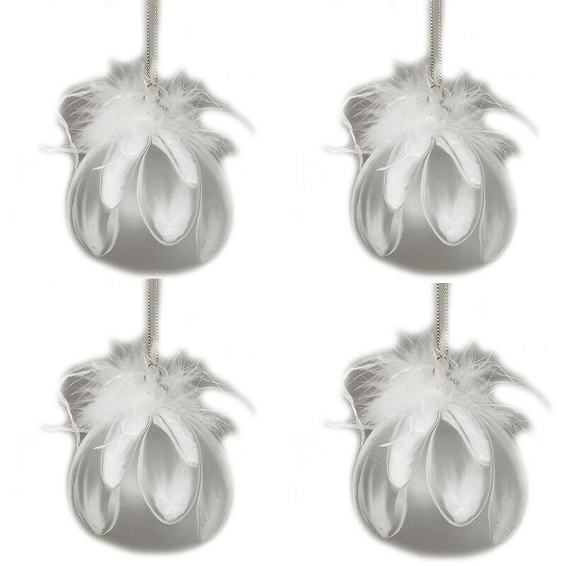 foto del prodotto palline vetro soffiato argento bianco con piume per albero di natale decorazioni addobbi natalizi set da 4 da 8 cm particolari