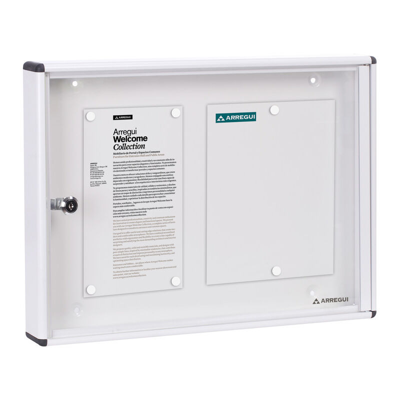 foto del prodotto pan41 bacheca magnetica con anta battente per interni in alluminio, con serratura e chiave, 35 x 48 x 5 cm, contiene 2 fogli a4 bianco arregui