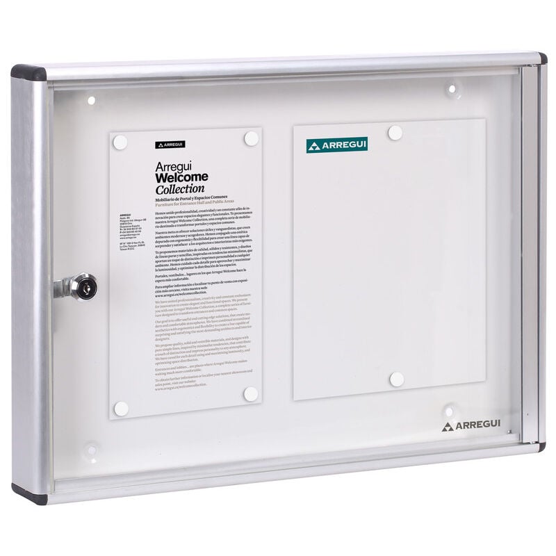 foto del prodotto pan42 bacheca magnetica con anta battente per interni in alluminio, con serratura e chiave, 35 x 48 x 5 cm, contiene 2 fogli a4 argento - arregui