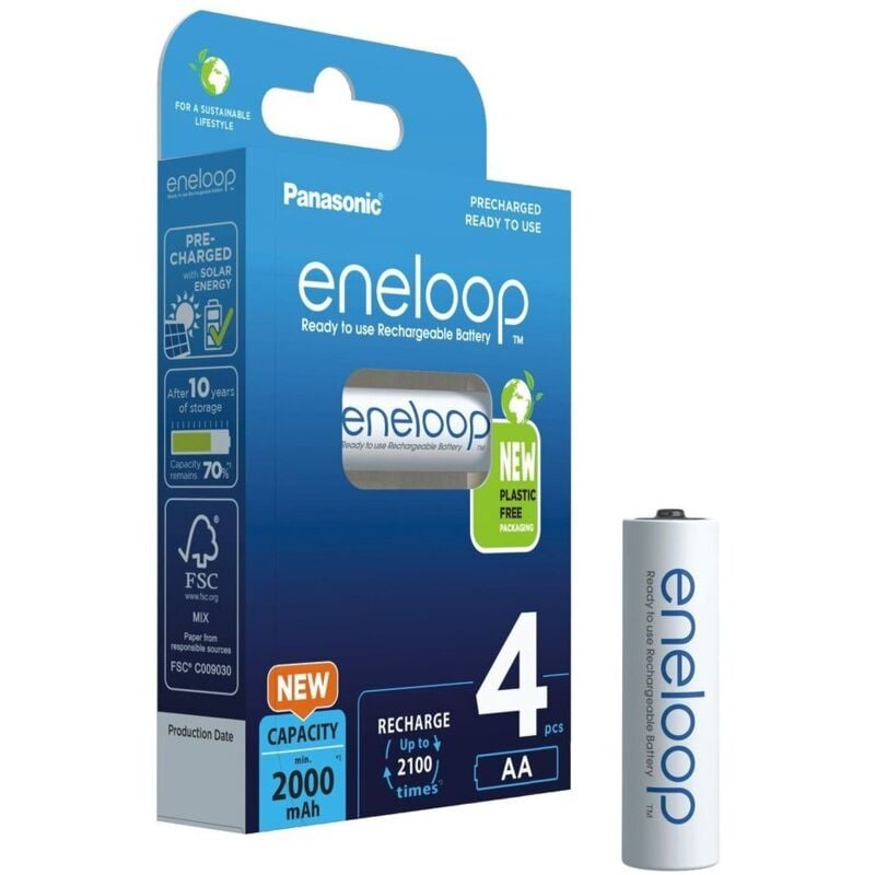 foto del prodotto panasonic blister da 4 batterie ricaricabili ni mh stilo aa 1,2v 2000mah eneloop ready to use bk 3mcde 4be