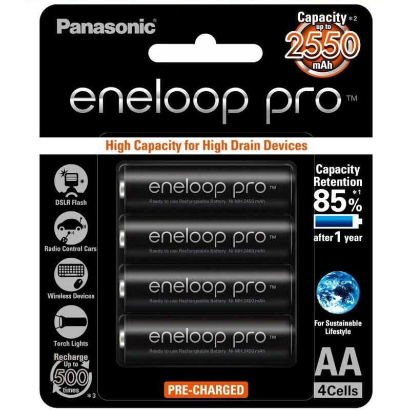 foto del prodotto panasonic blister da 4 batterie ricaricabili ni mh stilo aa 1,2v 2550mah eneloop pro 