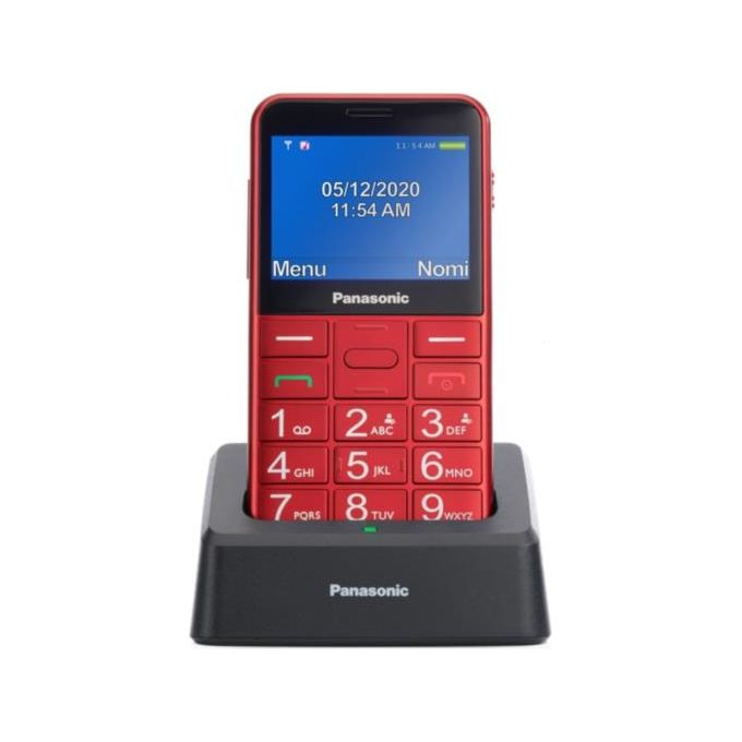 foto del prodotto panasonic kx-tu155 telefono cellulare ad utilizzo facilitato pulsanti grandi ampio schermo a colori da 2.4'' pulsante sos compatibile con apparecchi acustici base di ricarica rosso