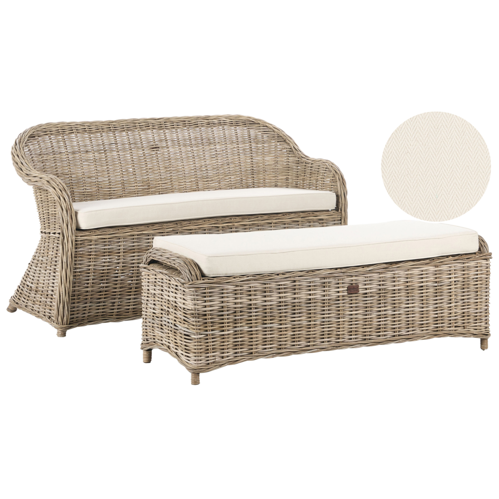 foto del prodotto panca 2 posti in rattan naturale con cuscini tessuto bianco sporco stile boho esterno giardino