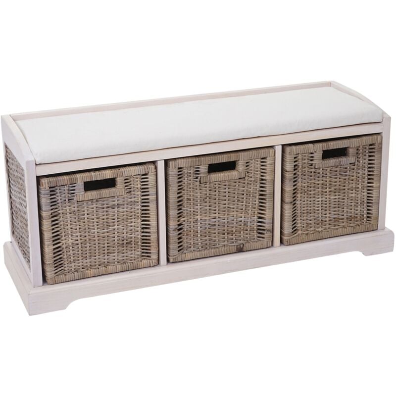 foto del prodotto panca cassettiera contenitore 3 ceste multiuso con cuscino legno 37x112x46cm bianco